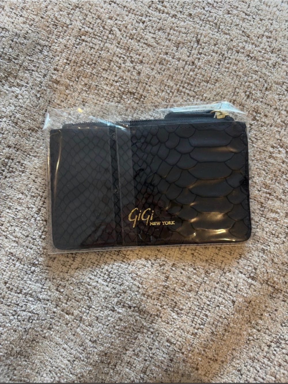 GiGi New York Black Snake-Embossed Leather Card Wallet with Gold Logo